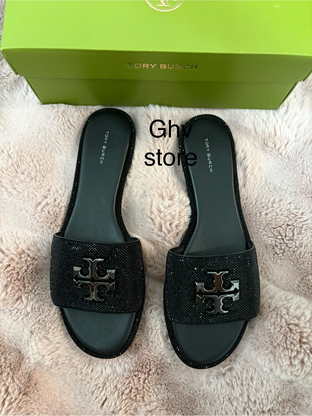 Tory Burch everly Black Sparkle Logo Slide Sandals